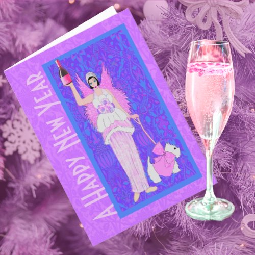Art Nouveau Westie Dog Pink Purple New Year Card