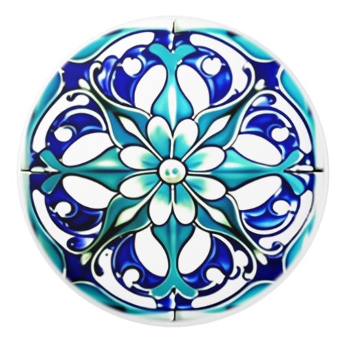 Art Nouveau White Aqua Blue Geometric Ceramic Knob