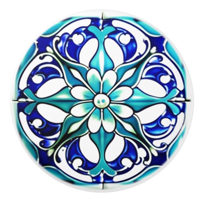Art Nouveau White Aqua Blue Geometric Ceramic Knob (Front)