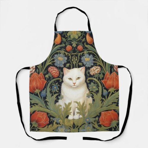 Art nouveau white cat in the garden apron