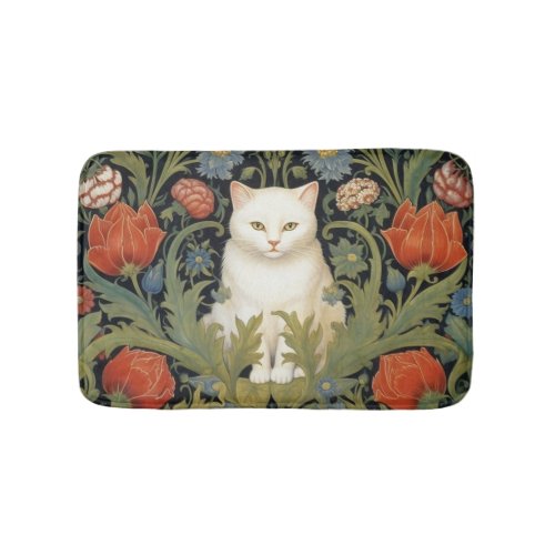 Art nouveau white cat in the garden bath mat