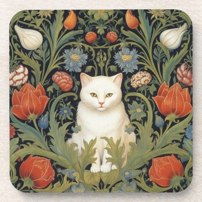 Art nouveau white cat in the garden beverage coaster (Front)
