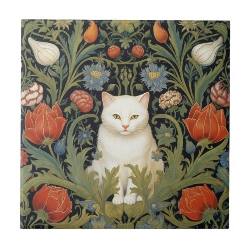 Art nouveau white cat in the garden ceramic tile