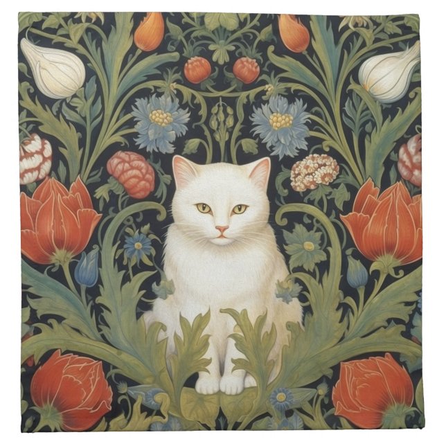Art nouveau white cat in the garden cloth napkin (Front)