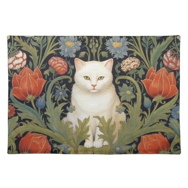 Art nouveau white cat in the garden cloth placemat (Front)