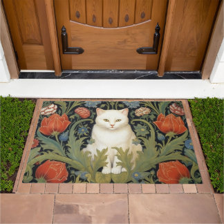 Art nouveau white cat in the garden doormat