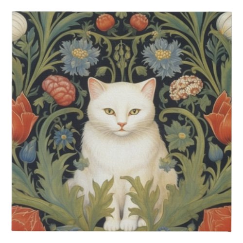 Art nouveau white cat in the garden faux canvas print