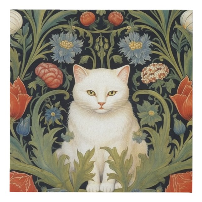 Art nouveau white cat in the garden faux canvas print (Front)