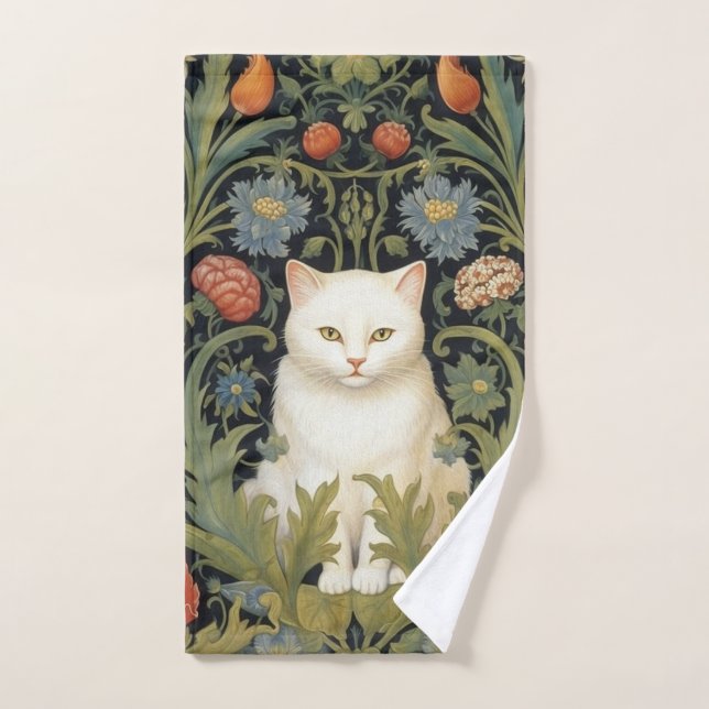 Art nouveau white cat in the garden hand towel  (Hand Towel)