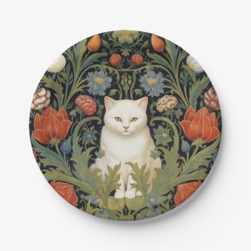 Art nouveau white cat in the garden paper plates