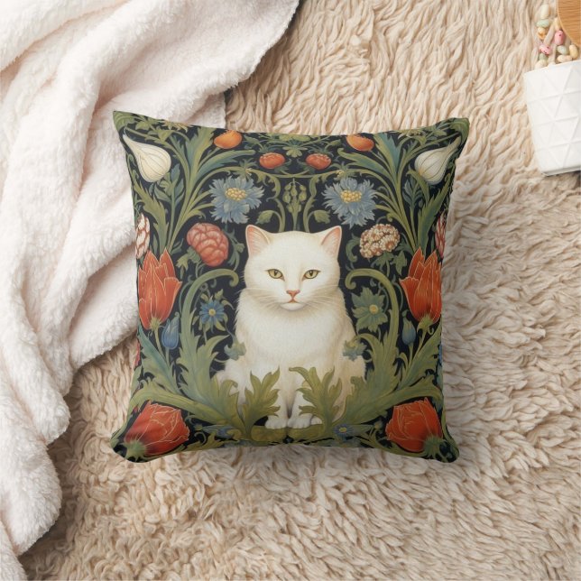 Art nouveau white cat in the garden throw pillow (Blanket)