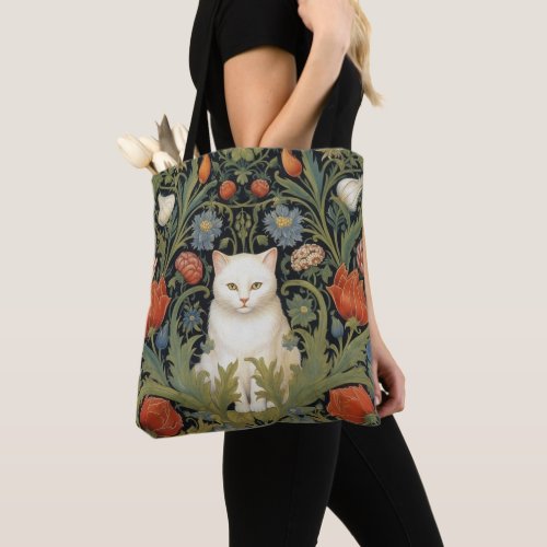 Art nouveau white cat in the garden tote bag