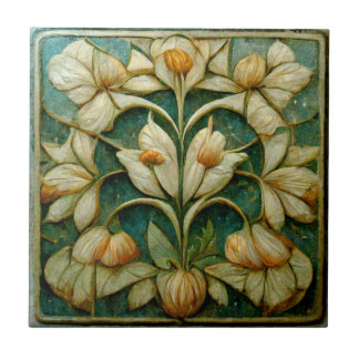 Art Nouveau White Flowers, Blue-Green Background Ceramic Tile