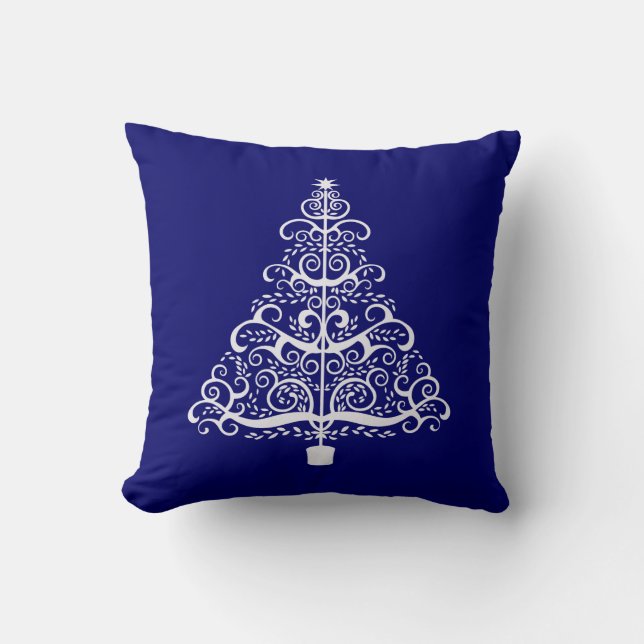 Art Nouveau White Holiday Tree on Blue Throw Pillow (Front)