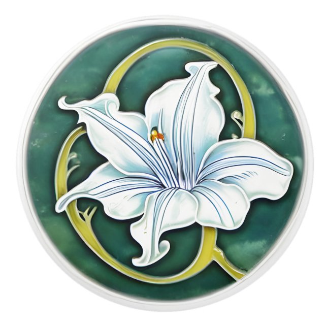Art Nouveau White Lily Ceramic Knob (Front)