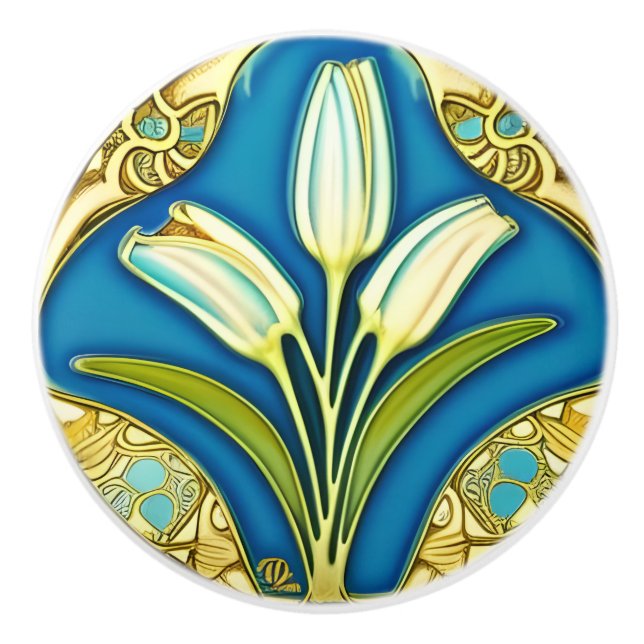 Art Nouveau White Stylized Lily  Ceramic Knob (Front)