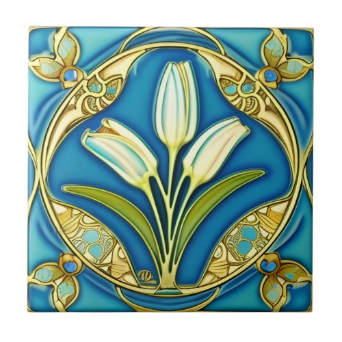 Art Nouveau White Stylized Lily  Ceramic Tile