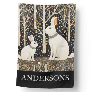 Art Nouveau White Winter Rabbits House Flag