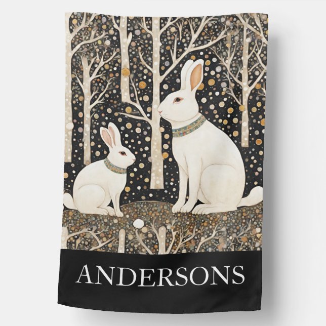 Art Nouveau White Winter Rabbits House Flag (Front)