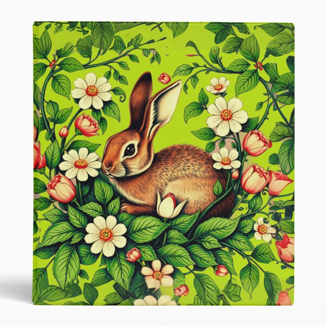 Art Nouveau Wild Rabbit and Flowers 3 Ring Binder (Front)