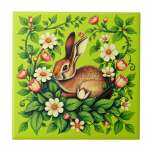 Art Nouveau Wild Rabbit and Flowers Ceramic Tile