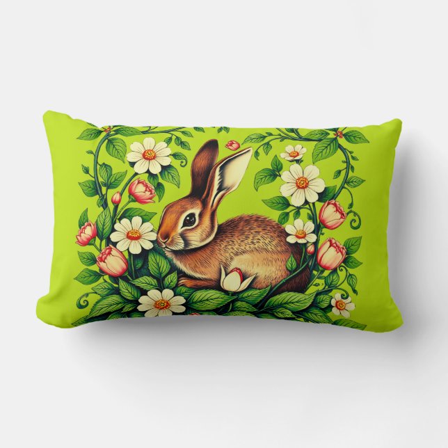 Art Nouveau Wild Rabbit and Flowers Lumbar Pillow (Front)