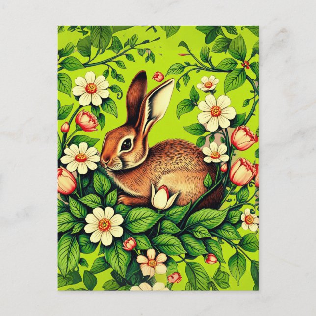 Art Nouveau Wild Rabbit and Flowers Postcard (Front)