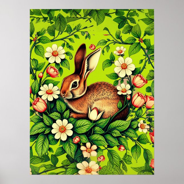 Art Nouveau Wild Rabbit and Flowers Poster (Front)