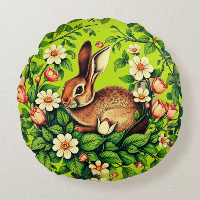 Art Nouveau Wild Rabbit and Flowers Round Pillow (Front)