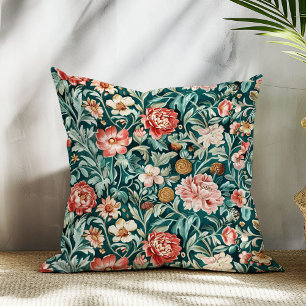 Art nouveau William Morris copper and pink flowers Throw Pillow
