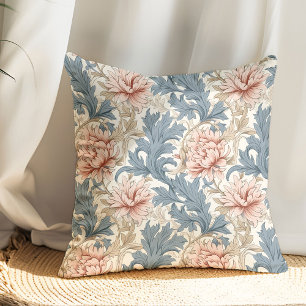 Art nouveau William Morris dusty blue pink flowers Throw Pillow