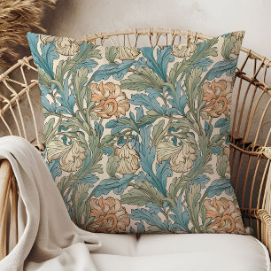 Art nouveau William Morris sage dusty blue peach Throw Pillow