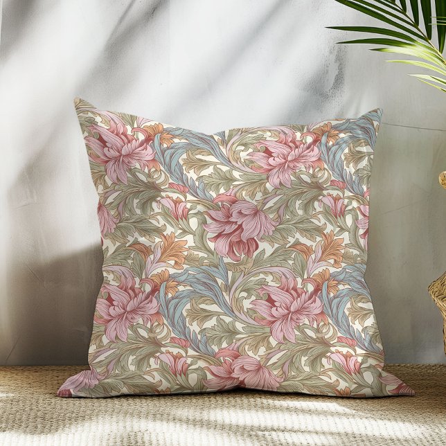Art nouveau William Morris sage green pink flowers Throw Pillow (Art nouveau William Morris sage green pink flowers Throw Pillow)