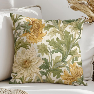 Art nouveau William Morris sage green yellow ivory Throw Pillow