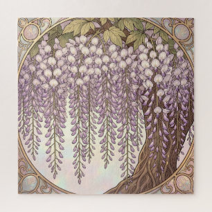 Art Nouveau Wisteria Floral Gold Frame Jigsaw Puzzle
