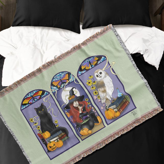 Art Nouveau Witch Owl Cat Pumpkin Throw Blanket (Creator Uploaded)