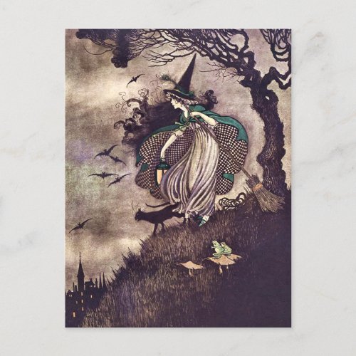 Art Nouveau Witch Under Tree w Cat Frog Broom Postcard