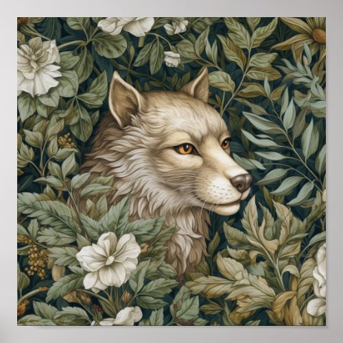 Art nouveau wolf in the leaves poster