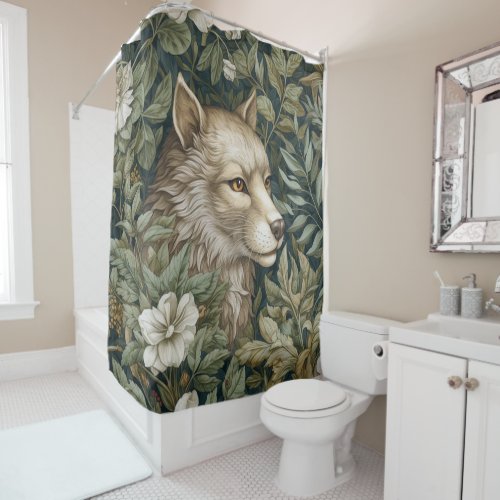 Art nouveau wolf in the leaves shower curtain