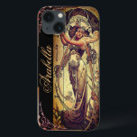 Art nouveau woman elegant advertisement iPhone 13 case<br><div class="desc">Gorgeous depiction of an art nouveau woman in a print of rich colors of black,  green,  bronze,  gold,  black and maroon. Wearing a flowing dress,  she is  also framed with irises. Very striking and beautiful depiction of that era.</div>