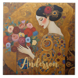 Art Nouveau Woman Floral Gold Ceramic Tile