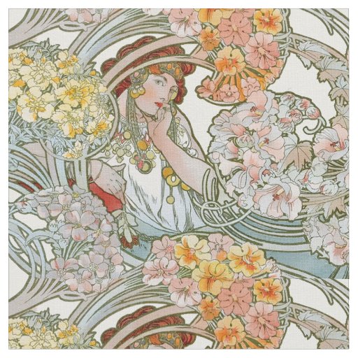 Art Nouveau Woman & Floral Pattern by Mucha Fabric