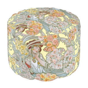 Art Nouveau Woman & Floral Pattern by Mucha Pouf