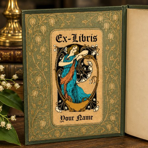 Art Nouveau Woman Flowers Kraft Ex Libris Template Label