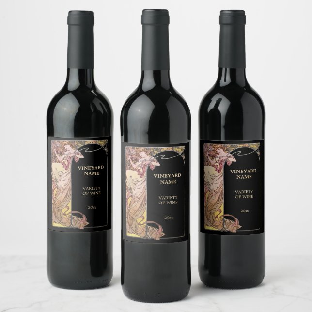 Art Nouveau Woman & Grapes by Alphonse Mucha Wine Label (Bottles)