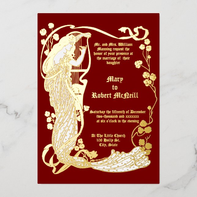 Art Nouveau Woman & Harp in Roses Wedding Foil Invitation (Front)