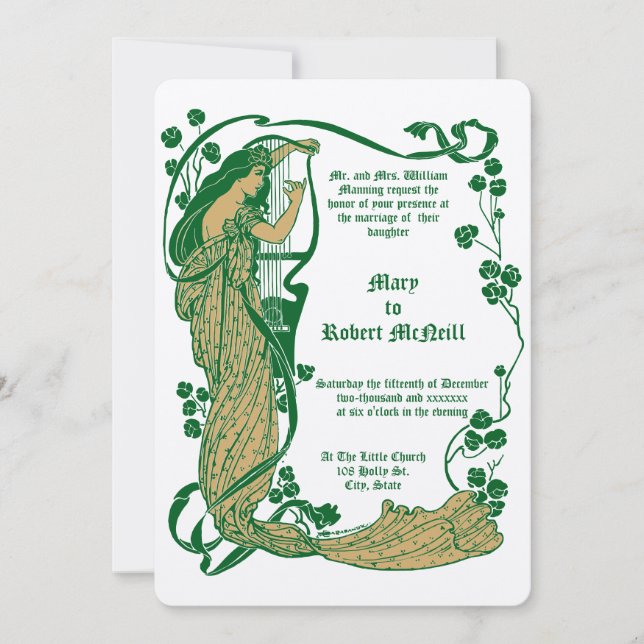 Art Nouveau Woman & Harp in Roses Wedding Invitation (Front)
