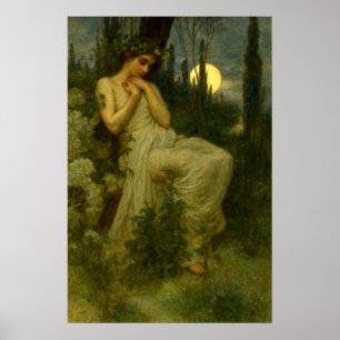 Art Nouveau Woman In Garden Under A June Moon Poster
