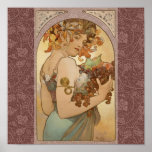 Art Nouveau Woman Mucha Beautiful Poster<br><div class="desc">A beautiful woman - This beautiful art nouveau design is by Alfonse Mucho,  called "Fruit, " painted in 1897. It shows a beautiful art nouveau girl holding an armful of fruit - grapes,  pears,  apples. In her hair are orange flowers.  Alphonse Mucha - Art Nouveau - Vintage Woman</div>