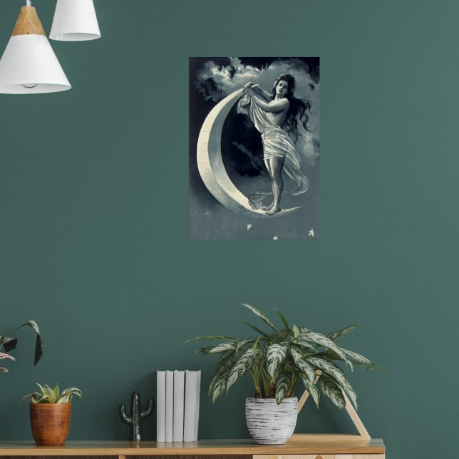 Art Nouveau Woman on Crescent Moon Poster (Living Room 1)